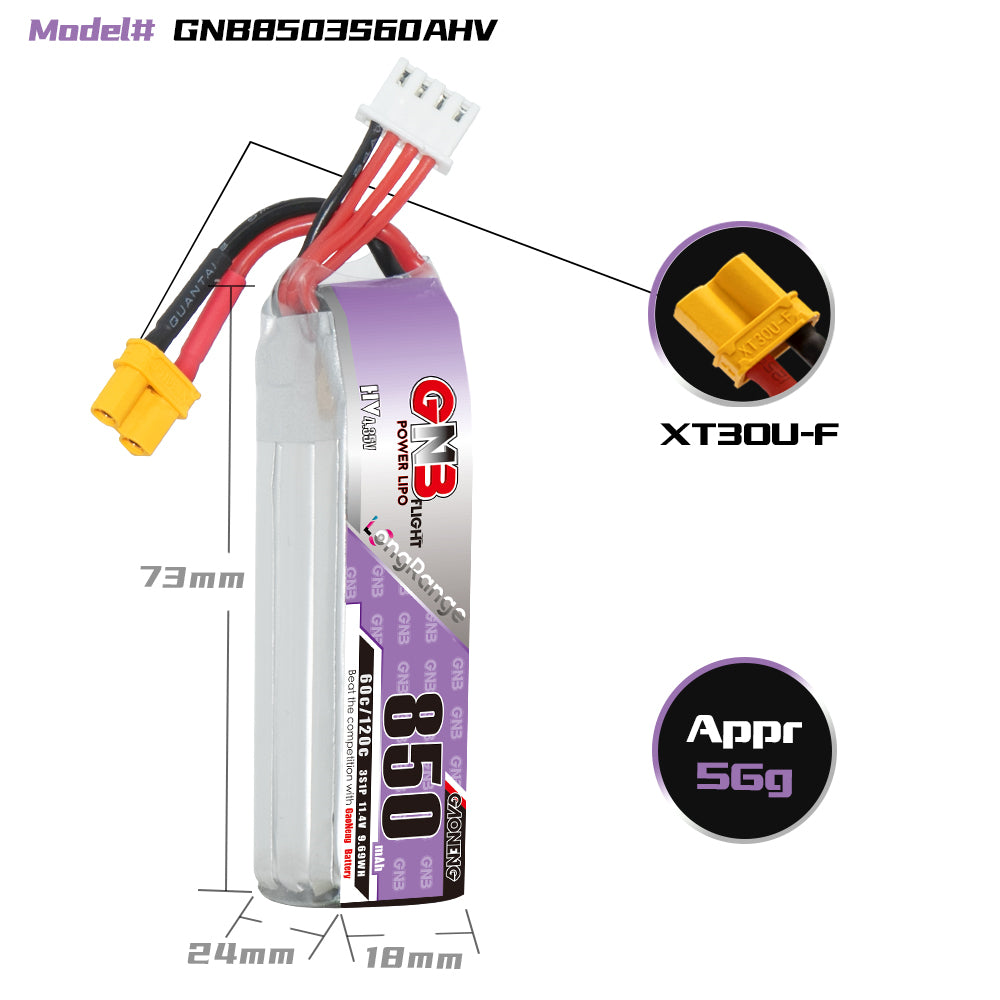 【GNB】Gaoneng 11.4V 850mAh 60C/120C 3S HV 4.35V Lipo Battery